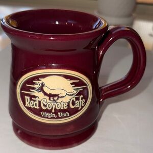 Deneen pottery co signed Red Coyote Cafe Virgin, Utah Maroon coffee Mug cup